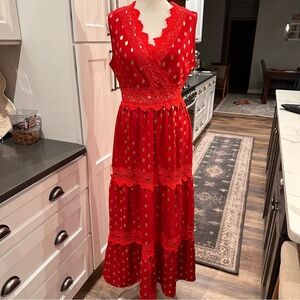 SHEIN Womens Gold Dot Red Lace Tiered Maxi Dress Size M Boho Cowgirl Prairie